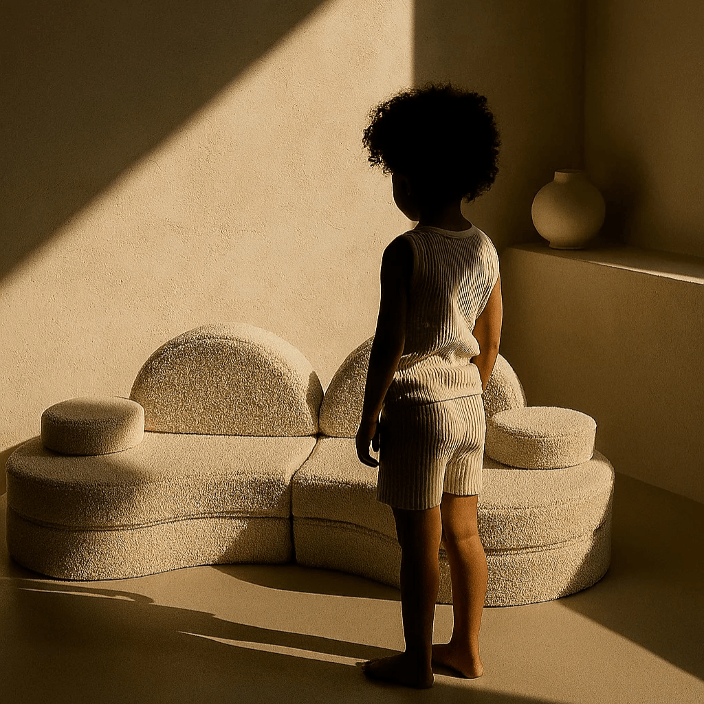 Sofá Modular Infantil 6 Elementos "Coccolo" - Tecido Suave Branco Sujo | Decoração Tinitto – Fabricação europeia