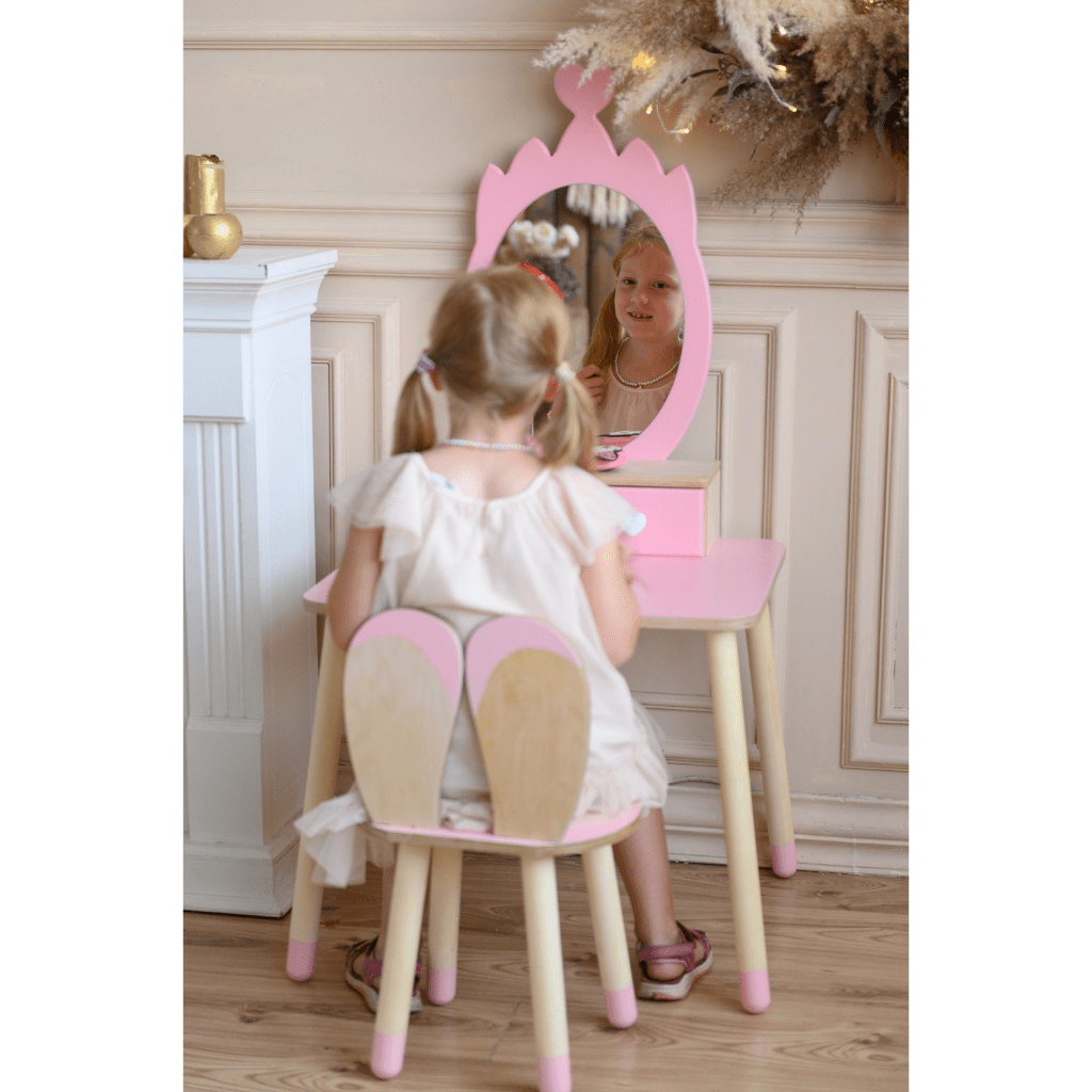 Coiffeuse Enfant "Princesse" – Miroir Couronne & Rangement (Bois Naturel) en Blanc | Decoração Tinitto – Fabrication européenne