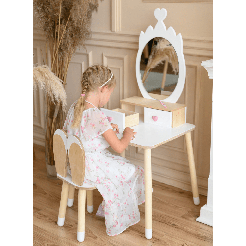 Coiffeuse Enfant "Princesse" – Miroir Couronne & Rangement (Bois Naturel) en Blanc | Decoração Tinitto – Fabrication européenne