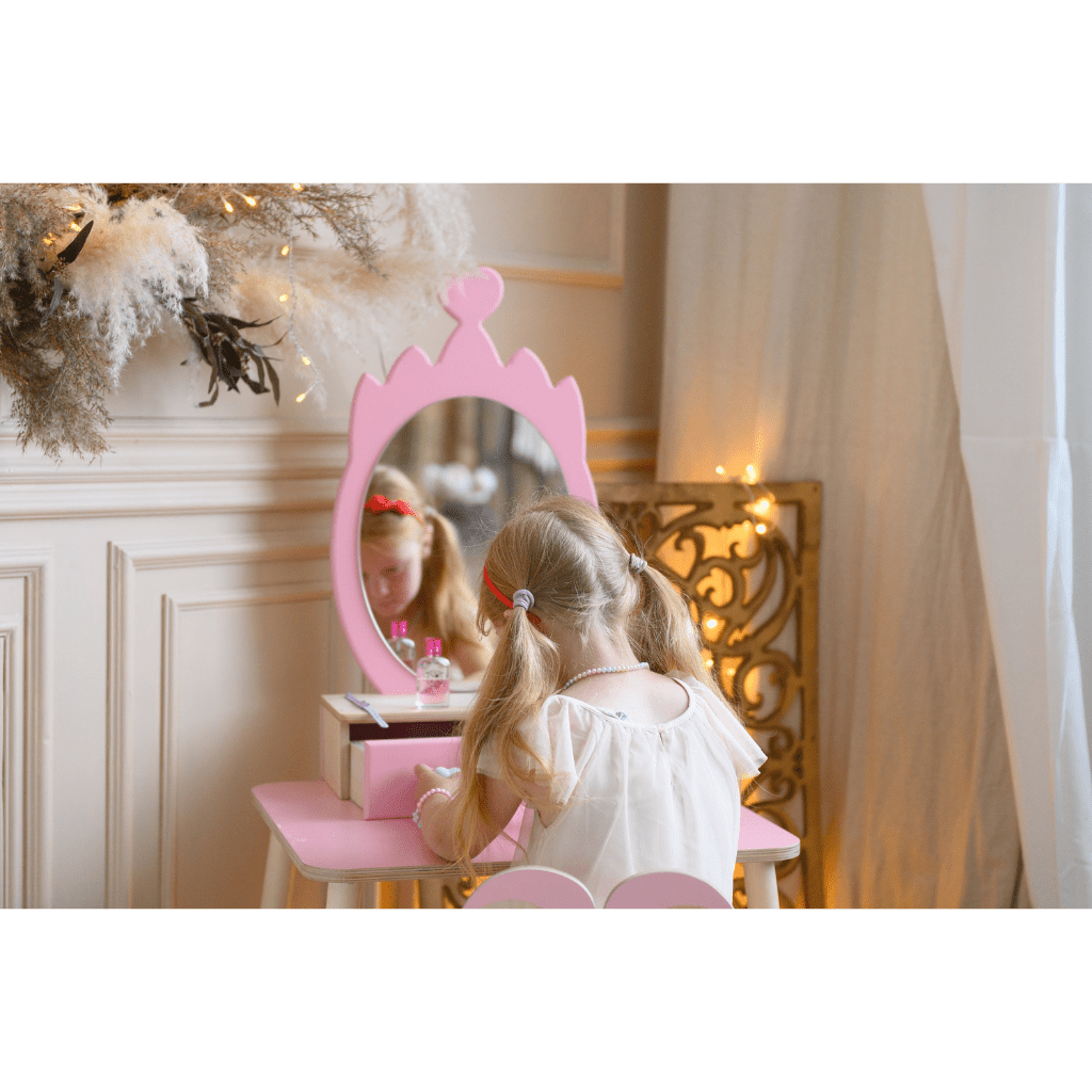 Coiffeuse Enfant "Princesse" – Miroir Couronne & Rangement (Bois Naturel) en Blanc | Decoração Tinitto – Fabrication européenne