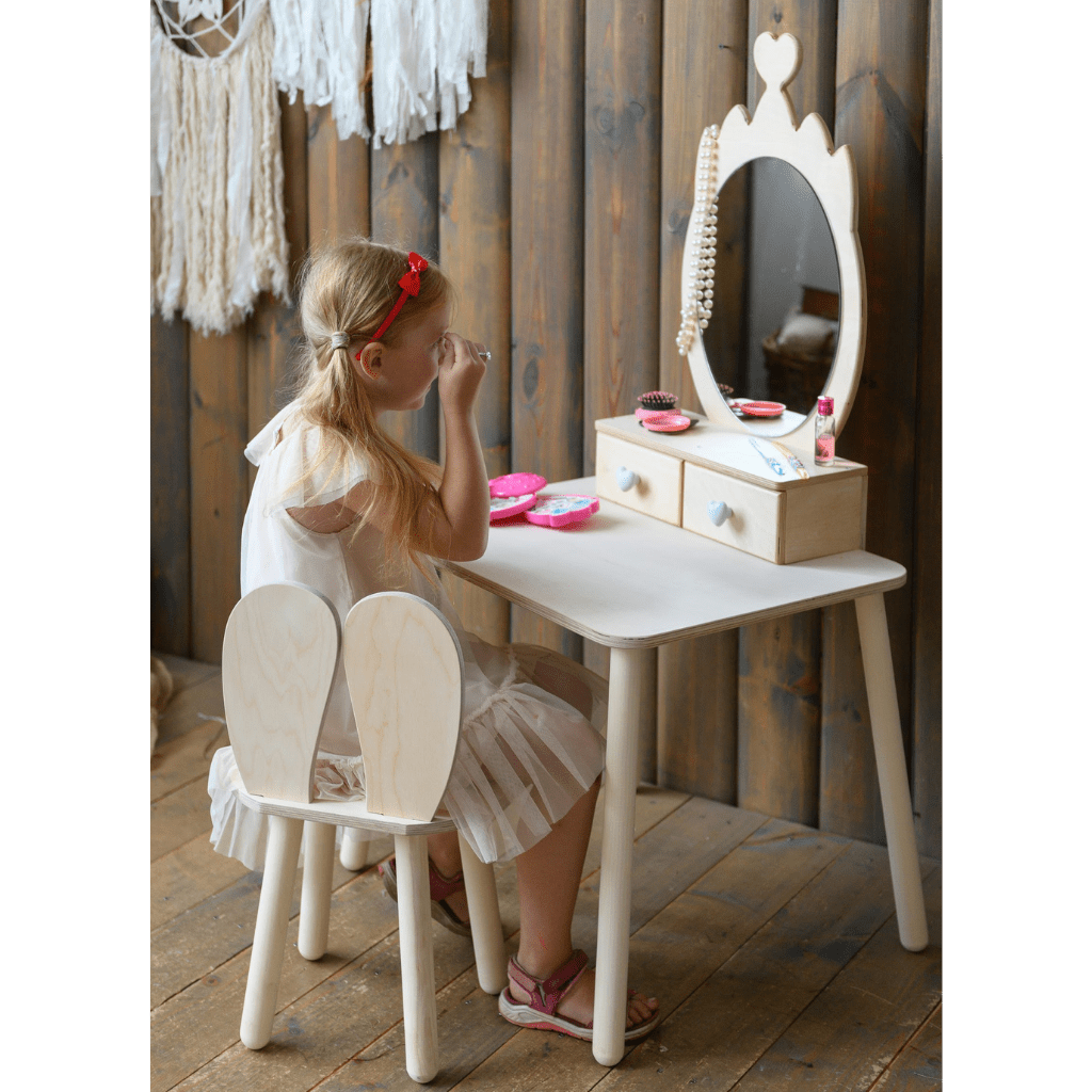 Coiffeuse Enfant "Princesse" – Miroir Couronne & Rangement (Bois Naturel) en Bois | Decoração Tinitto – Fabrication européenne