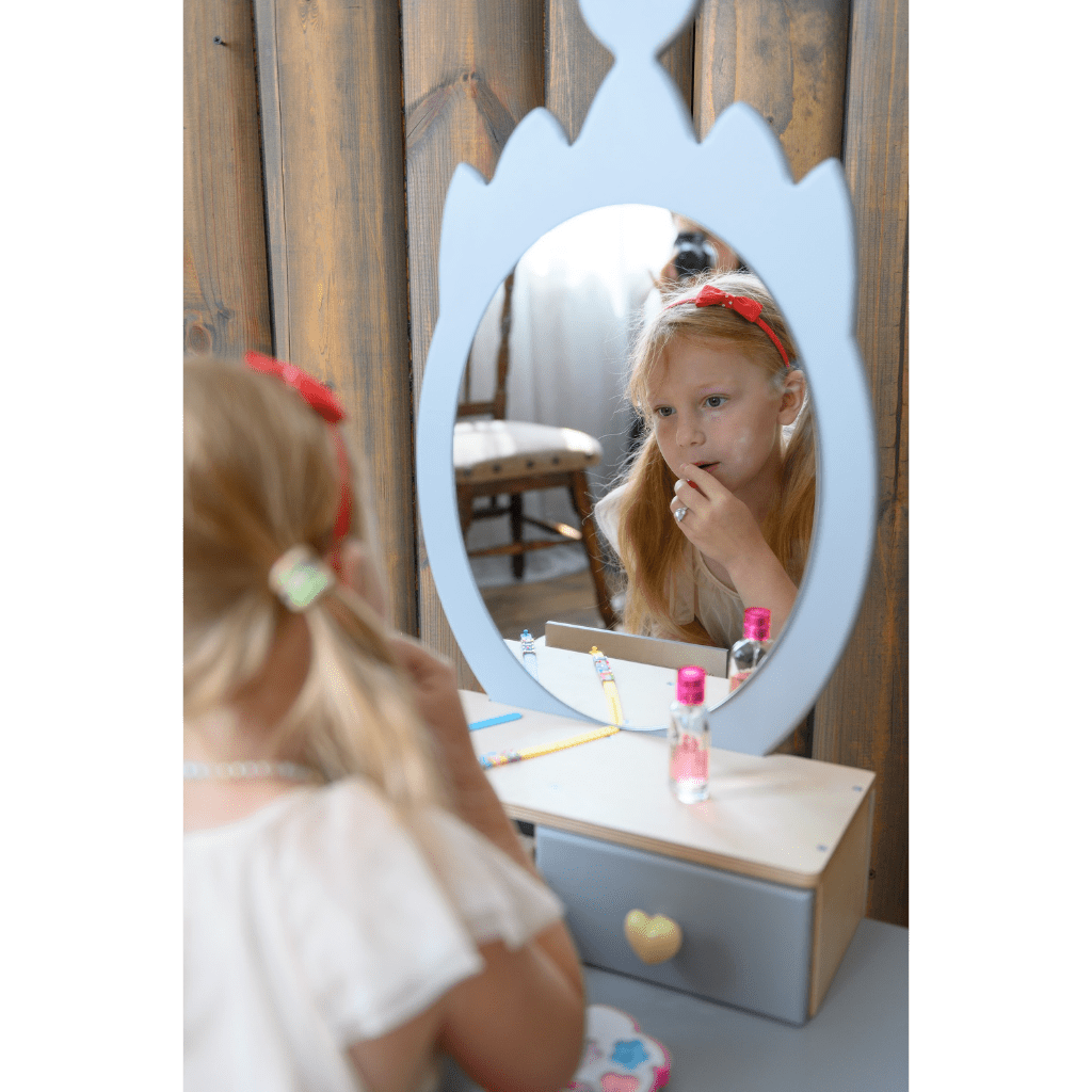 Coiffeuse Enfant "Princesse" – Miroir Couronne & Rangement (Bois Naturel) en Gris | Decoração Tinitto – Fabrication européenne