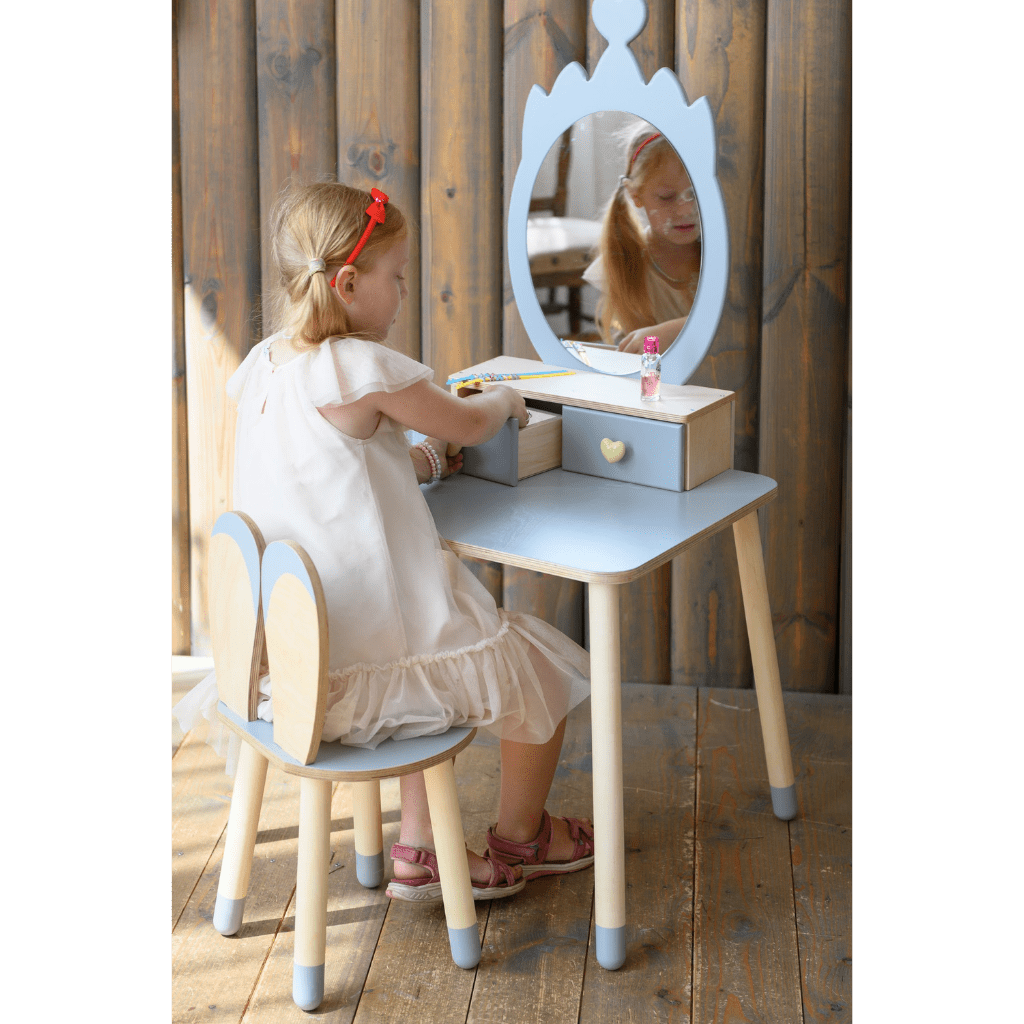 Coiffeuse Enfant "Princesse" – Miroir Couronne & Rangement (Bois Naturel) en Gris | Decoração Tinitto – Fabrication européenne