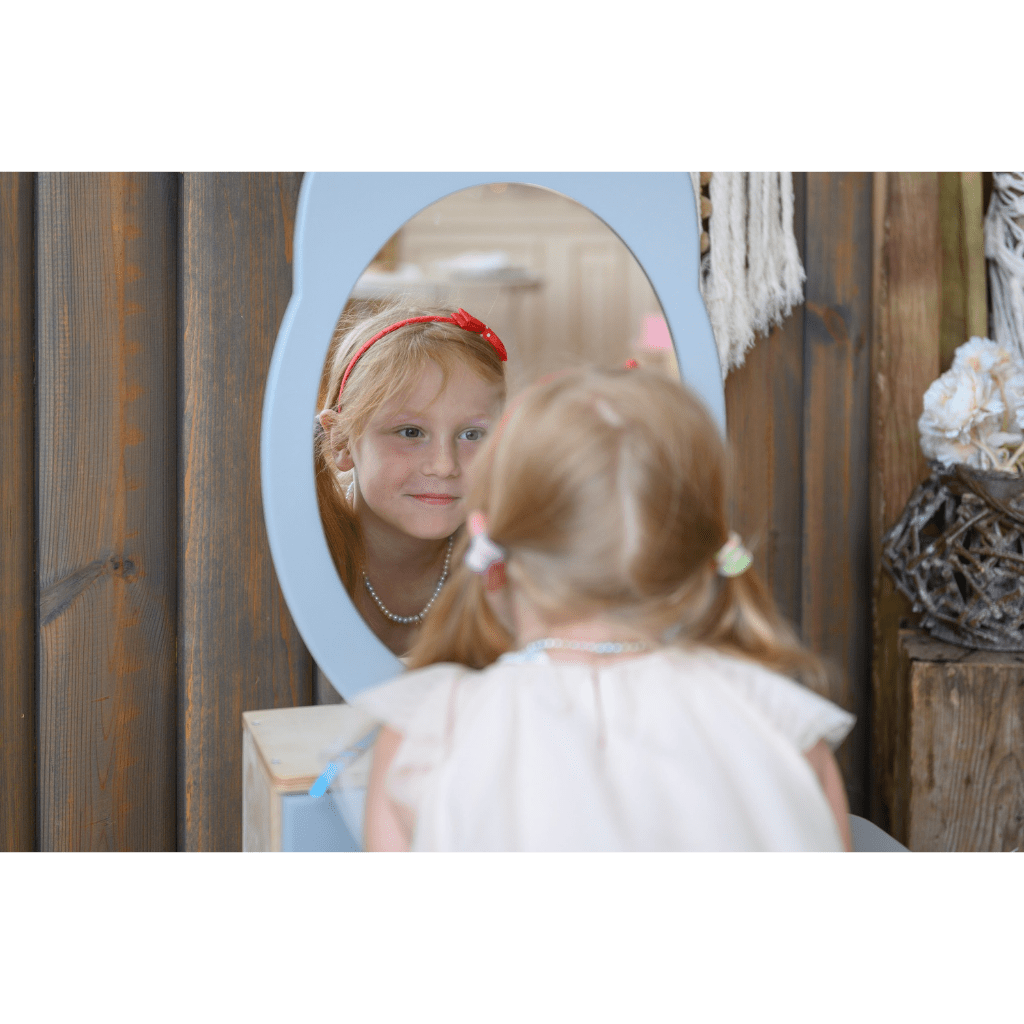 Coiffeuse Enfant "Princesse" – Miroir Couronne & Rangement (Bois Naturel) en Gris | Decoração Tinitto – Fabrication européenne