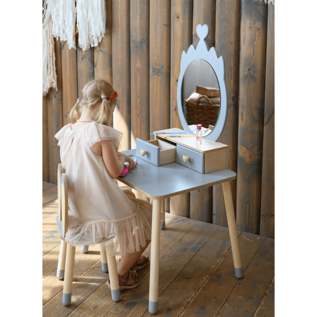 Coiffeuse Enfant "Princesse" – Miroir Couronne & Rangement (Bois Naturel) en Gris | Decoração Tinitto – Fabrication européenne