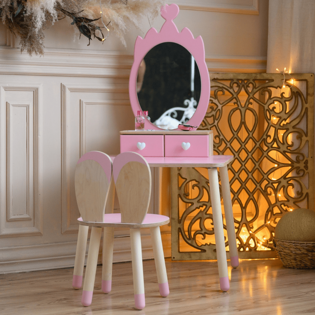 Coiffeuse Enfant "Princesse" – Miroir Couronne & Rangement (Bois Naturel) en Pink | Decoração Tinitto – Fabrication européenne