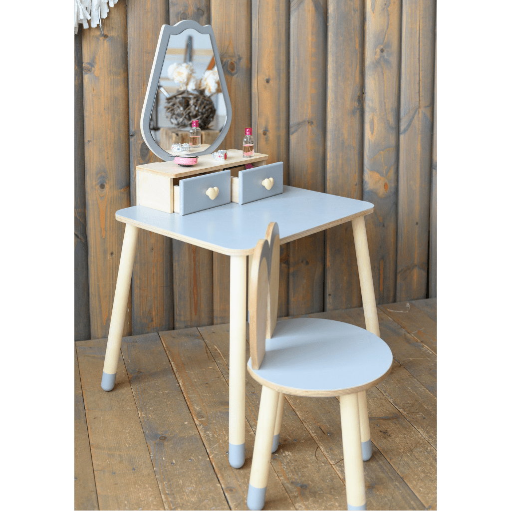 Coiffeuse Enfant "Tulipe" – Design Floral & Miroir (Bois Naturel) en Gris | Decoração Tinitto – Fabrication européenne
