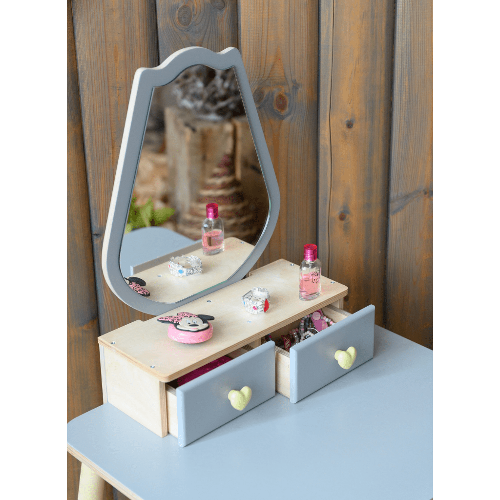 Coiffeuse Enfant "Tulipe" – Design Floral & Miroir (Bois Naturel) en Gris | Decoração Tinitto – Fabrication européenne