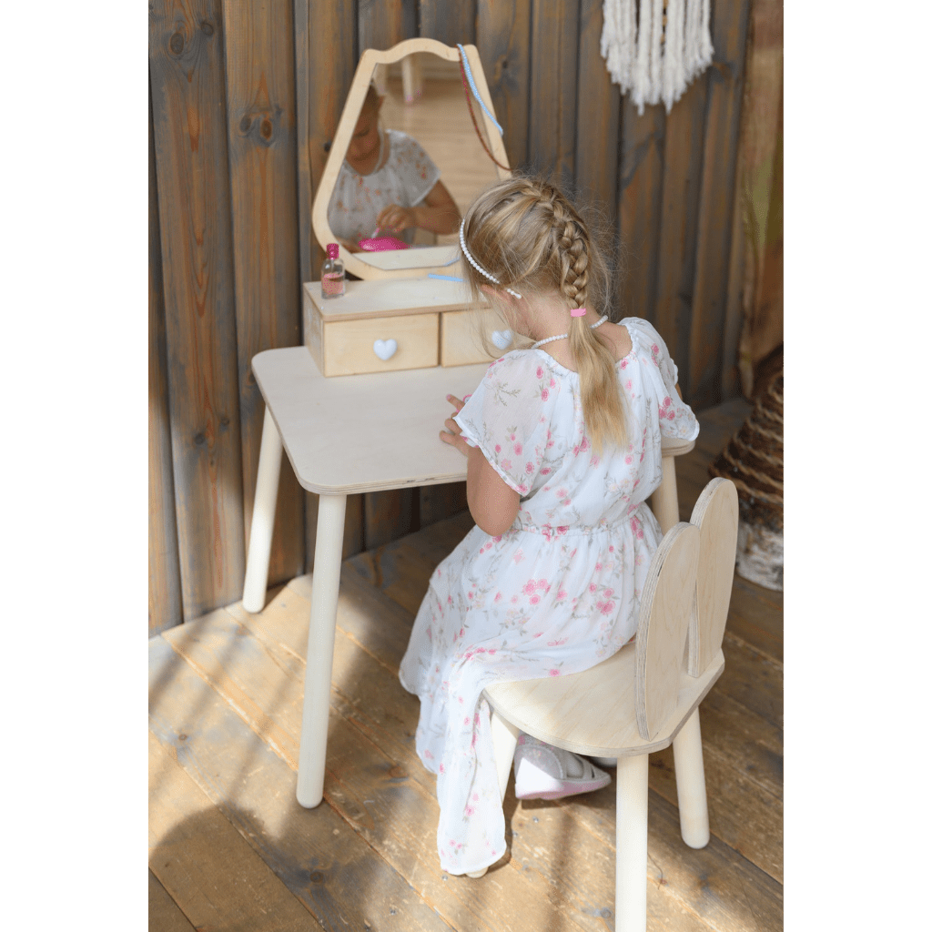 Coiffeuse Enfant "Tulipe" – Design Floral & Miroir (Bois Naturel) en Gris | Decoração Tinitto – Fabrication européenne