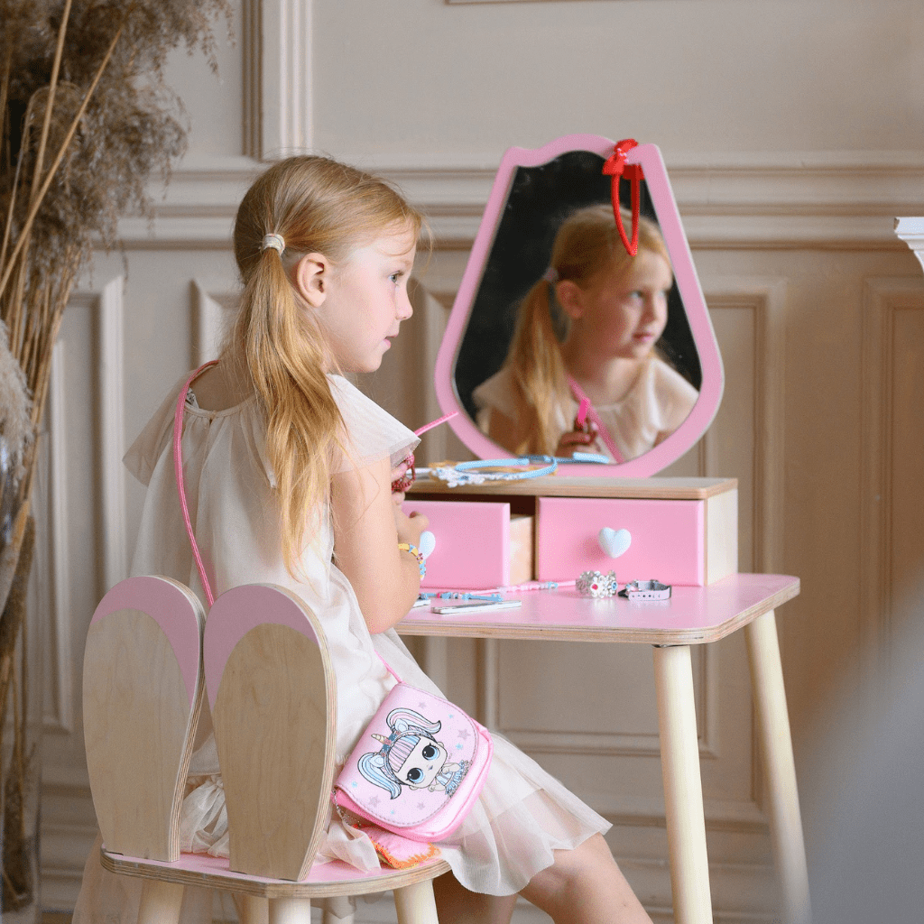 Coiffeuse Enfant "Tulipe" – Design Floral & Miroir (Bois Naturel) en Gris | Decoração Tinitto – Fabrication européenne