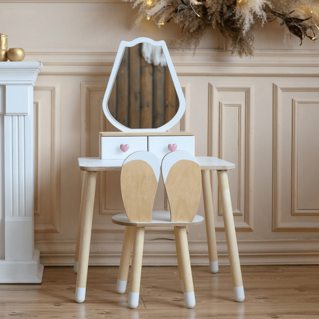 Coiffeuse Enfant "Tulipe" – Design Floral & Miroir (Bois Naturel) en Gris | Decoração Tinitto – Fabrication européenne