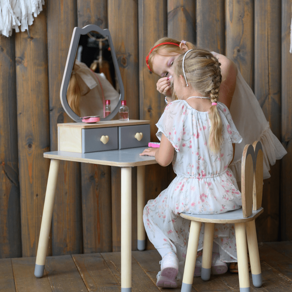 Coiffeuse Enfant "Tulipe" – Design Floral & Miroir (Bois Naturel) en Gris | Decoração Tinitto – Fabrication européenne