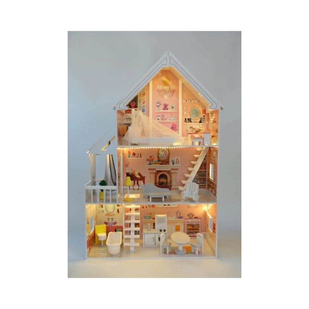 Casa de bonecas de madeira Liselle com luzes LED | Decoração Tinitto – Fabricação europeia