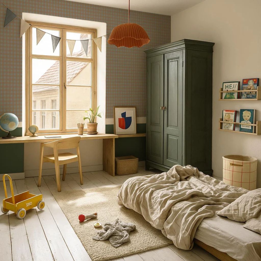 Papel de parede xadrez azul e marrom – padrão de design Minimini em | móveis Tinitto – Fabricação europeia