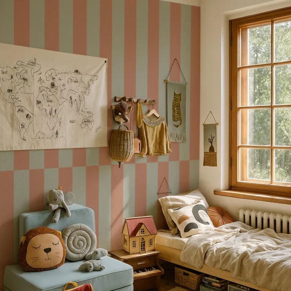 Papel de parede listrado vertical verde e marrom – design original | móveis Tinitto – Fabricação europeia