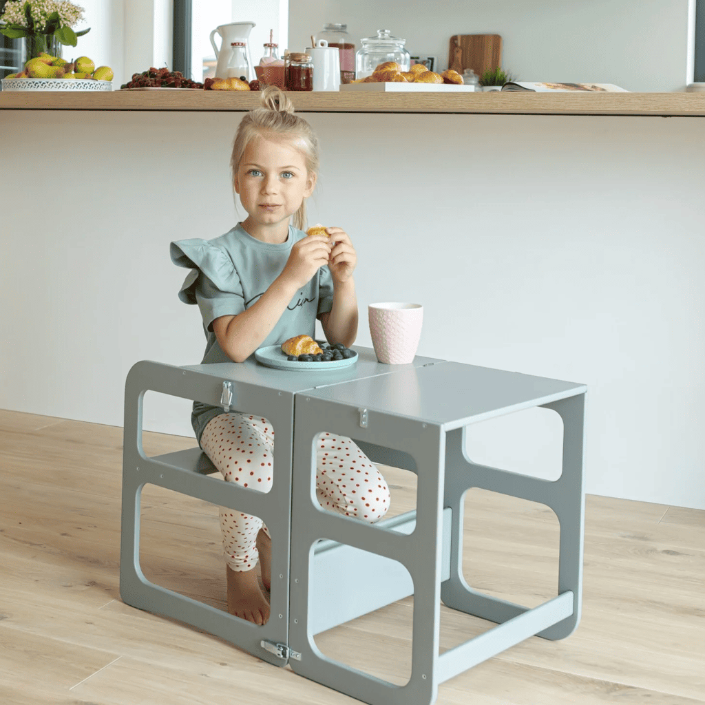 Torre de cozinha 2 em 1 / Mesa e cadeira em Lacado | Motricidade Tinitto – Fabricação europeia