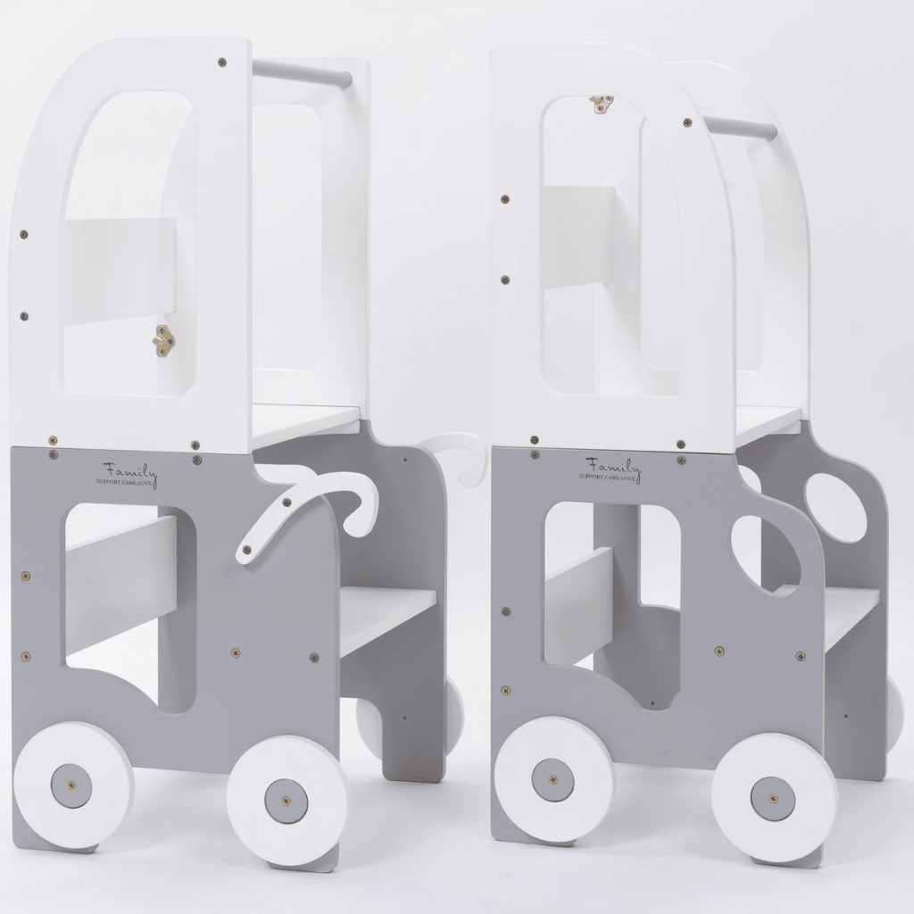 Tour d'Observation Convertible "Little Car" – Bureau & Marchepied 2 - en - 1 en Blanc/Bois | Motricidade Tinitto – Fabrication européenne