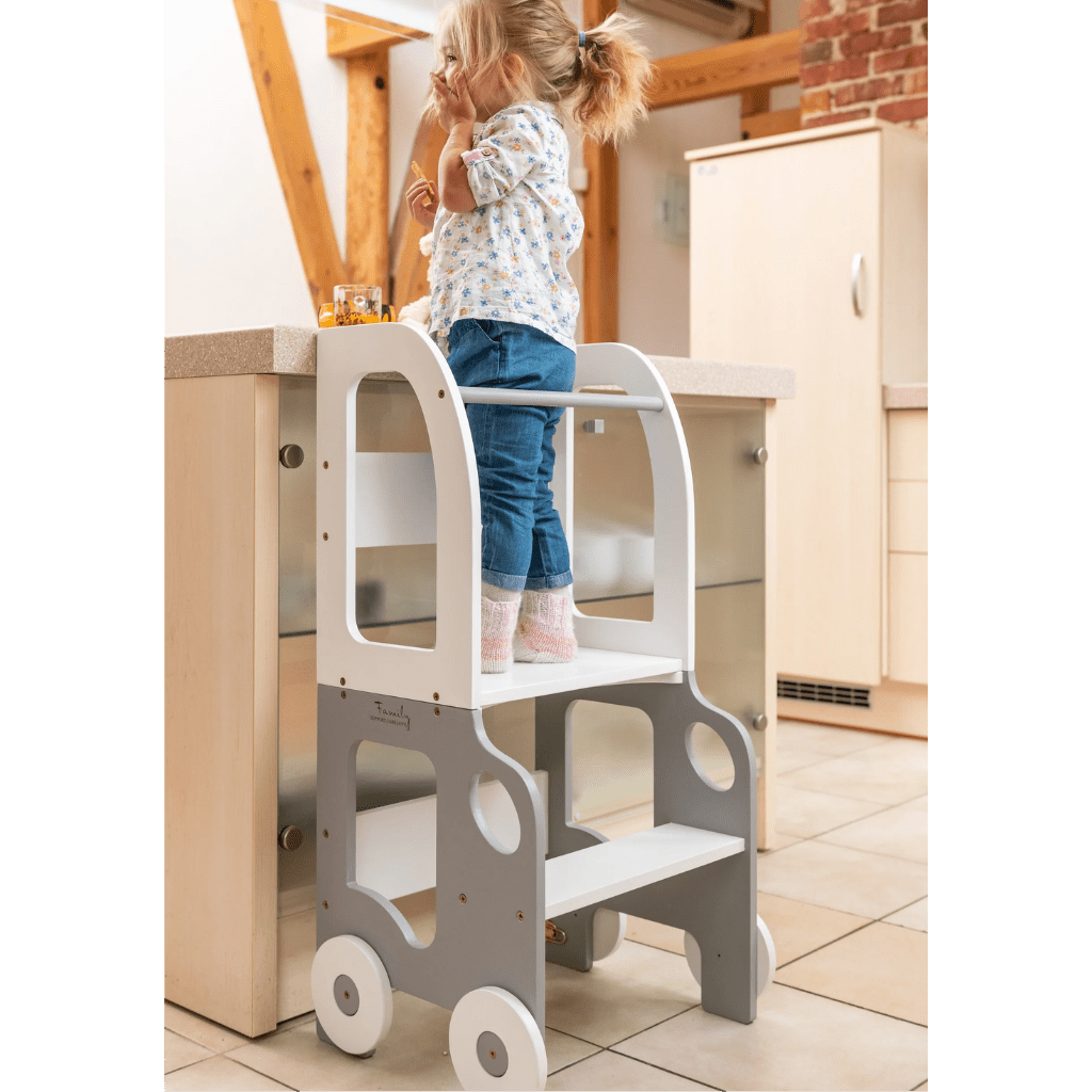 Tour d'Observation Convertible "Little Car" – Bureau & Marchepied 2 - en - 1 en Blanc/Bois | Motricidade Tinitto – Fabrication européenne