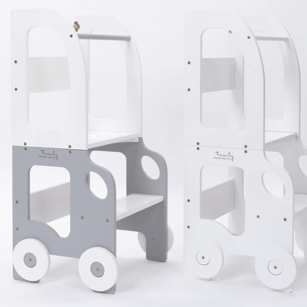 Tour d'Observation Convertible "Little Car" – Bureau & Marchepied 2 - en - 1 en Blanc/Bois | Motricidade Tinitto – Fabrication européenne