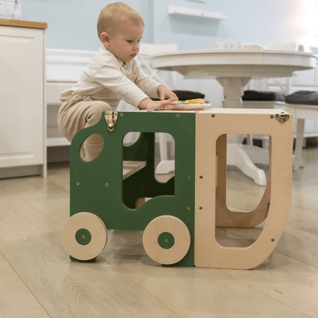 Tour d'Observation Convertible "Little Car" – Bureau & Marchepied 2 - en - 1 en Blanc/Bois | Motricidade Tinitto – Fabrication européenne