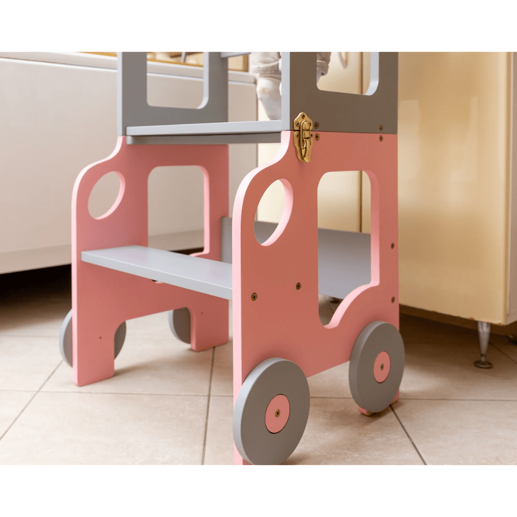 Tour d'Observation Convertible "Little Car" – Bureau & Marchepied 2 - en - 1 en Blanc/Bois | Motricidade Tinitto – Fabrication européenne