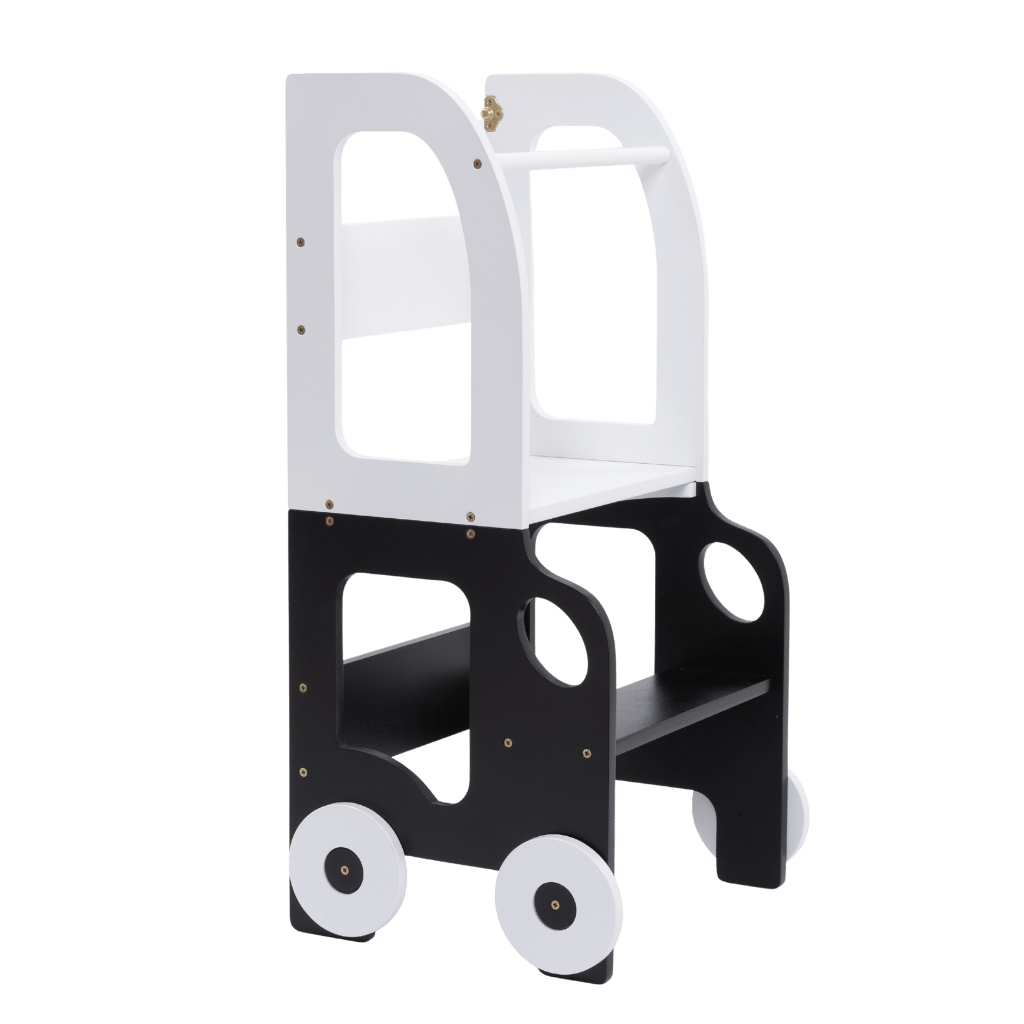 Tour d'Observation Convertible "Little Car" – Bureau & Marchepied 2 - en - 1 en Blanc/Noir | Motricidade Tinitto – Fabrication européenne