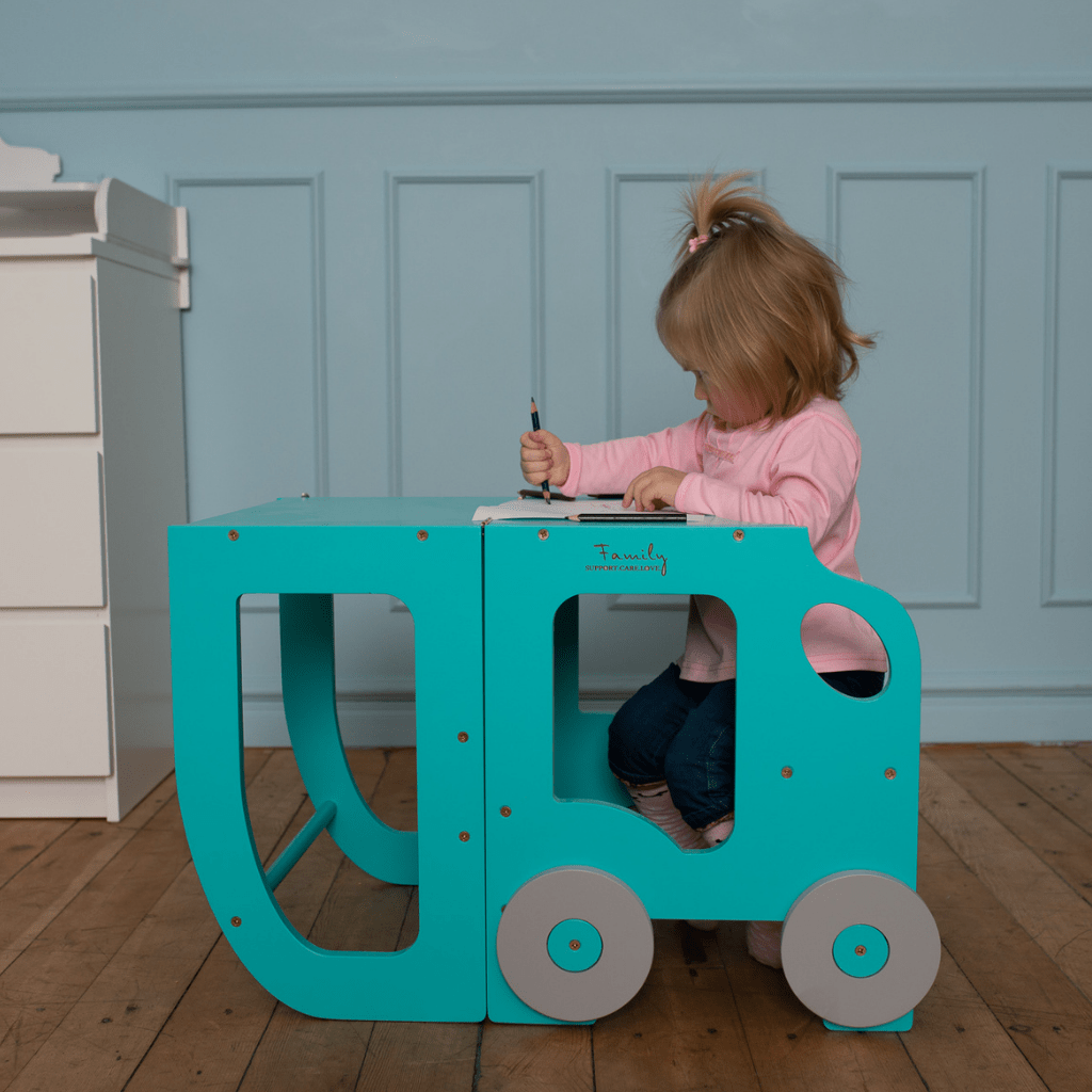 Tour d'Observation Convertible "Little Car" – Bureau & Marchepied 2 - en - 1 en Bleu | Motricidade Tinitto – Fabrication européenne