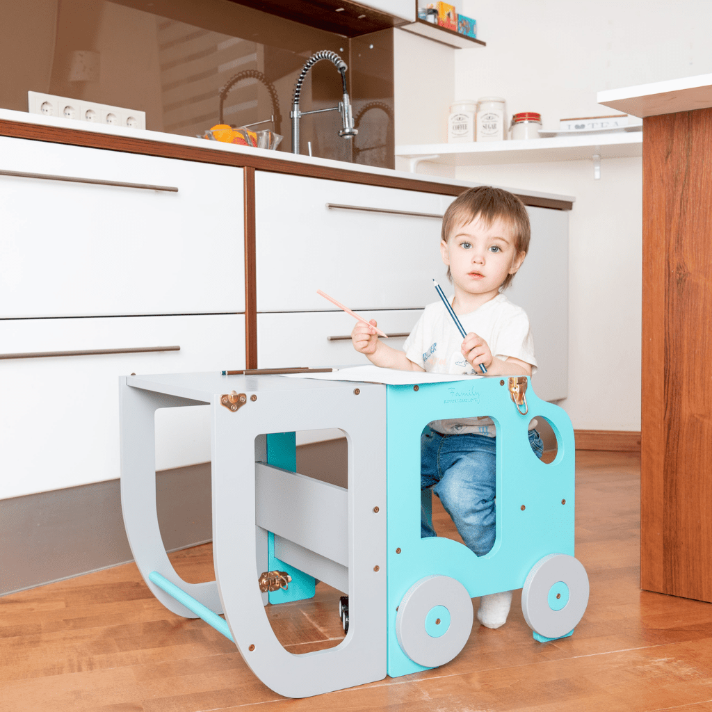 Tour d'Observation Convertible "Little Car" – Bureau & Marchepied 2 - en - 1 en Bleu/Gris | Motricidade Tinitto – Fabrication européenne