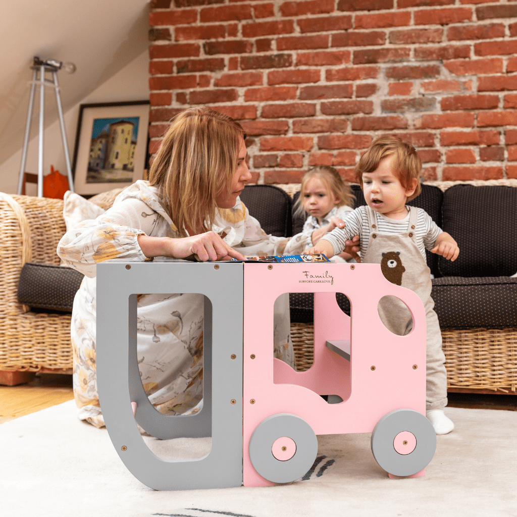 Tour d'Observation Convertible "Little Car" – Bureau & Marchepied 2 - en - 1 en Pink/Gris | Motricidade Tinitto – Fabrication européenne