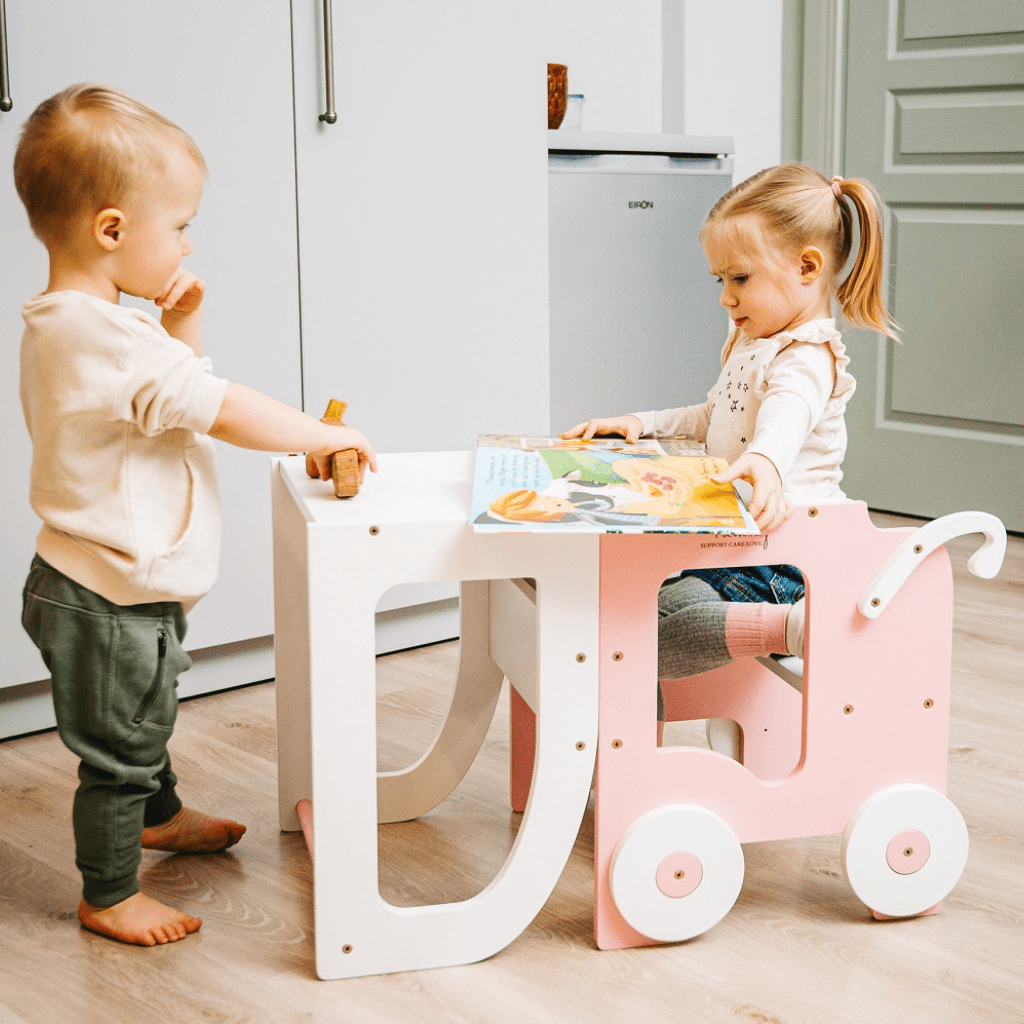 Tour d'Observation "Le Chariot" – Bureau & Éveil 2 - en - 1 en Blanc/Pink | Motricidade Tinitto – Fabrication européenne