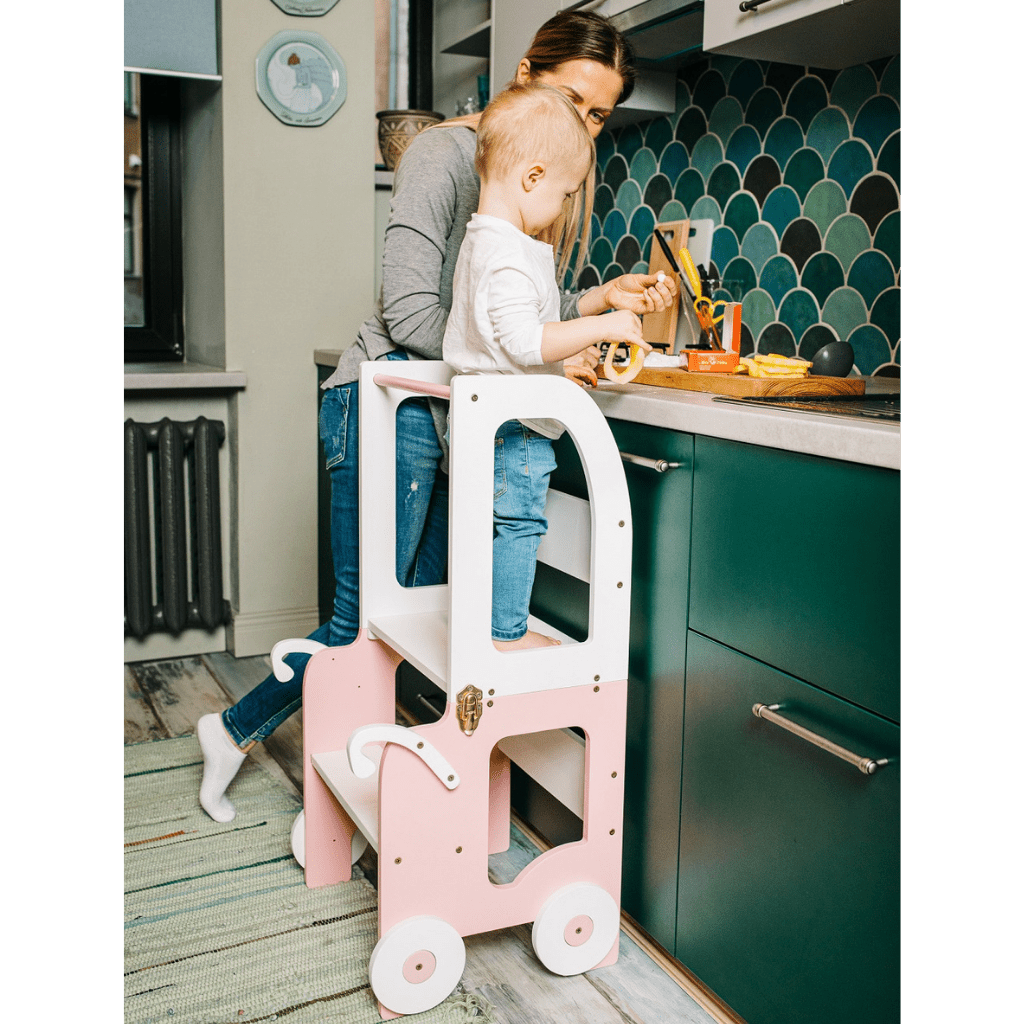 Tour d'Observation "Le Chariot" – Bureau & Éveil 2 - en - 1 en Pink/Gris | Motricidade Tinitto – Fabrication européenne