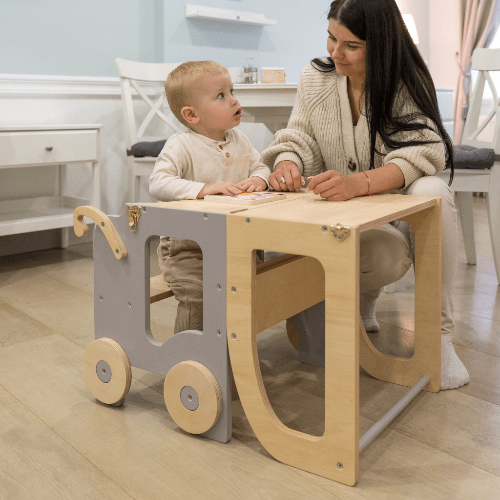 Tour d'Observation "Le Chariot" – Bureau & Éveil 2 - en - 1 en Pink/Gris | Motricidade Tinitto – Fabrication européenne