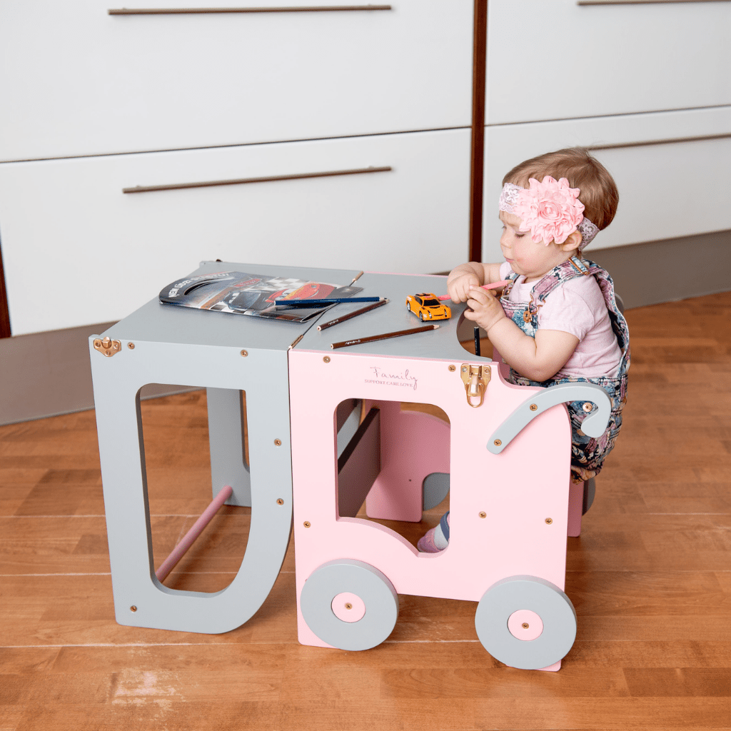 Tour d'Observation "Le Chariot" – Bureau & Éveil 2 - en - 1 en Pink/Gris | Motricidade Tinitto – Fabrication européenne