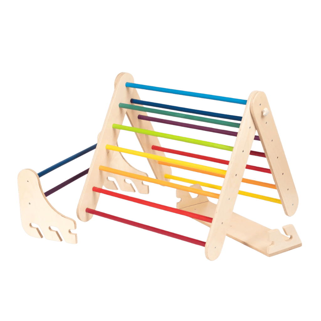 Triángulo de escalada Pikler con pared sueca de arcoíris | Motricidade Tinitto – Fabricación europea
