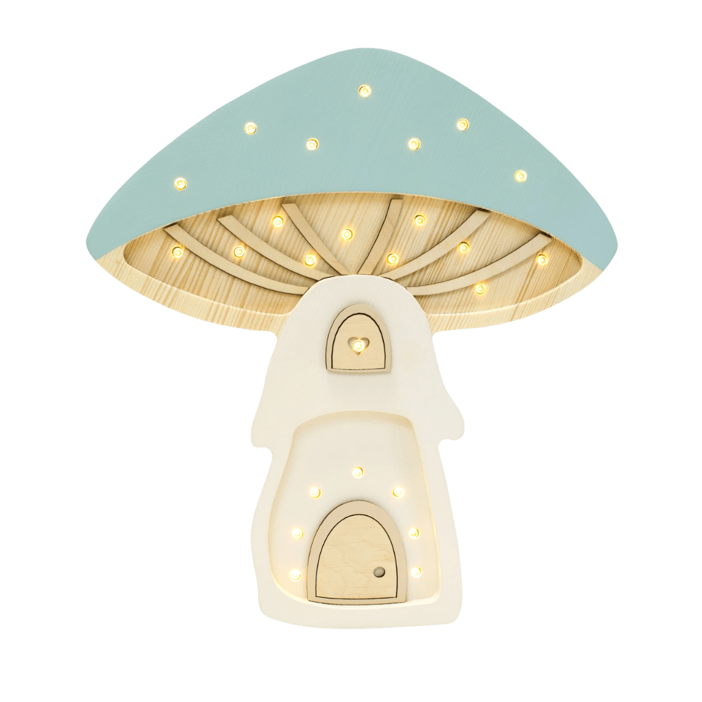 Veilleuse Maison Champignon en Bois de Pin en Bleu ciel | Decoração Tinitto – Fabrication européenne