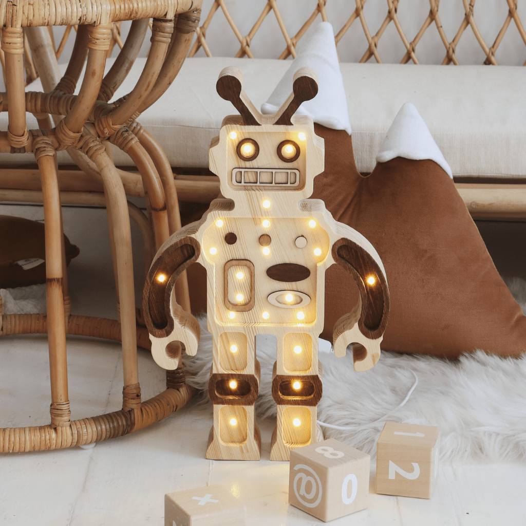 Veilleuse Robot en Bois de Pin en Bleu | Decoração Tinitto – Fabrication européenne