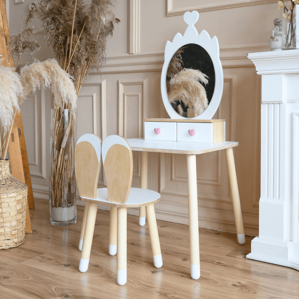 Coiffeuse Enfant "Princesse" – Miroir Couronne & Rangement (Bois Naturel) en Blanc | Decoração Tinitto – Fabrication européenne
