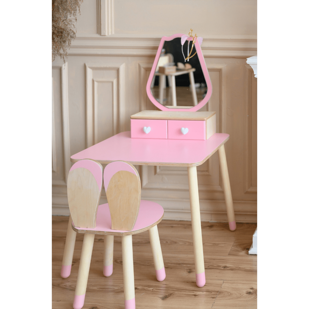 Coiffeuse Enfant "Tulipe" – Design Floral & Miroir (Bois Naturel) en Gris | Decoração Tinitto – Fabrication européenne