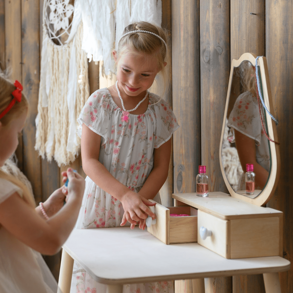 Coiffeuse Enfant "Tulipe" – Design Floral & Miroir (Bois Naturel) en Gris | Decoração Tinitto – Fabrication européenne