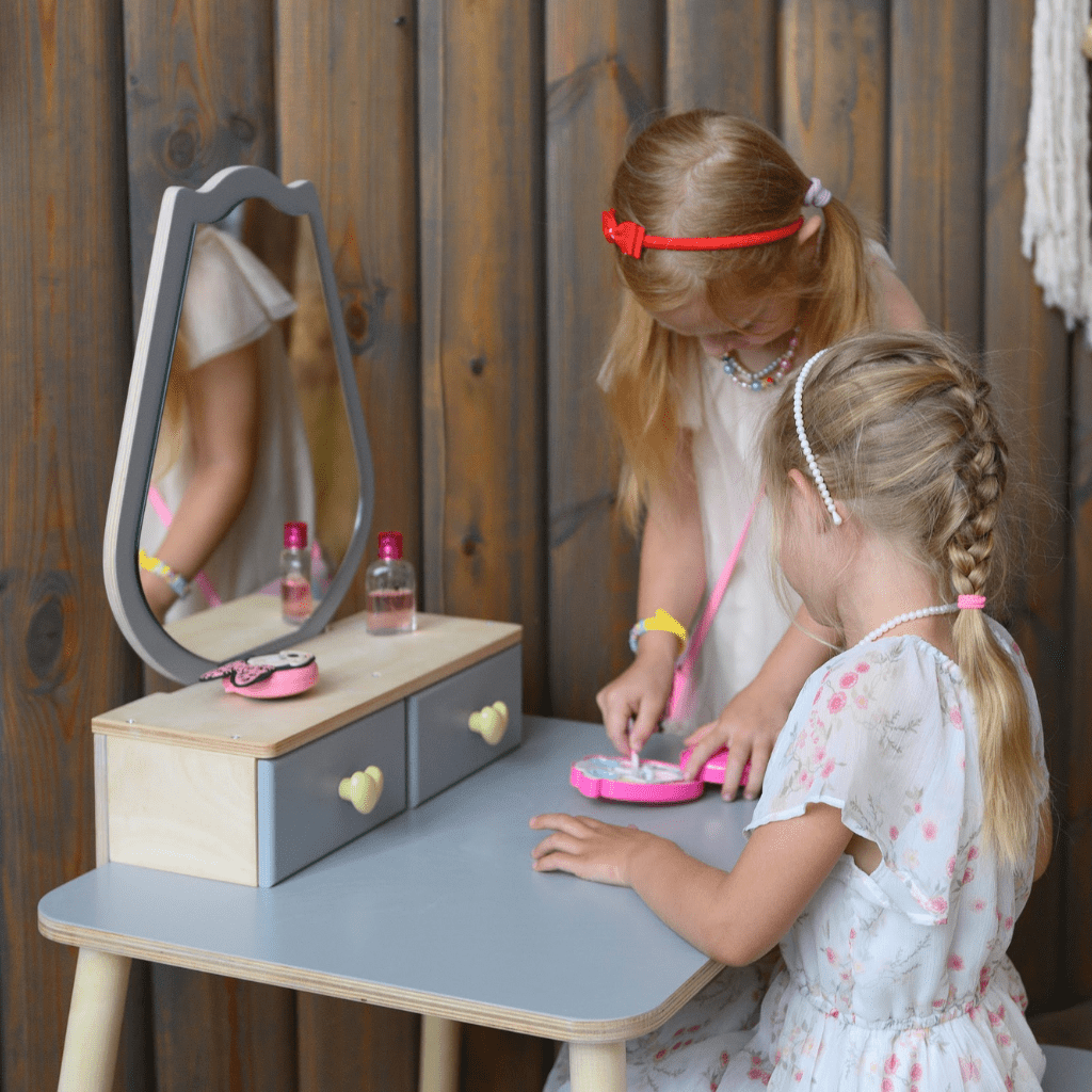 Coiffeuse Enfant "Tulipe" – Design Floral & Miroir (Bois Naturel) en Gris | Decoração Tinitto – Fabrication européenne