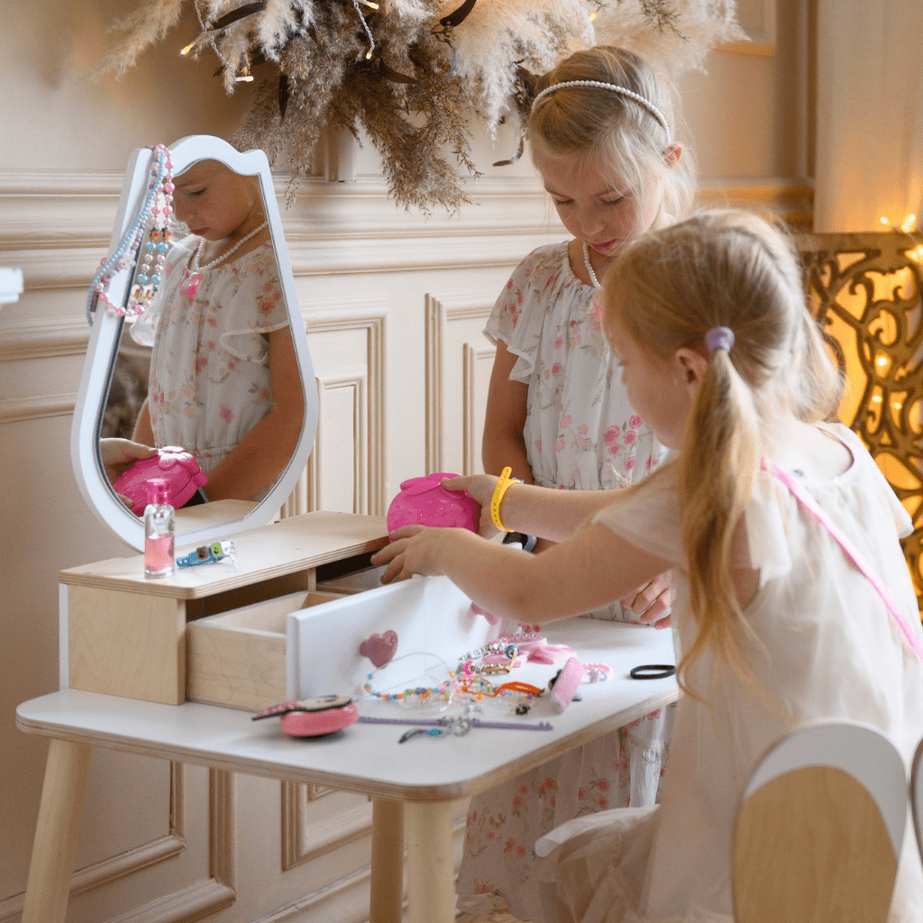 Coiffeuse Enfant "Tulipe" – Design Floral &amp; Miroir (Bois Naturel) en Pink | Decoração Tinitto – Fabrication européenne