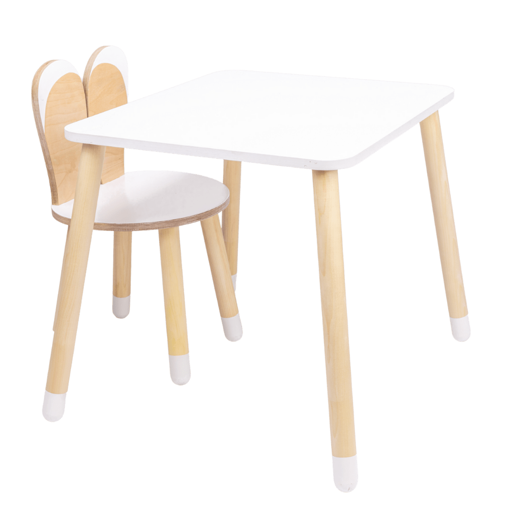Ensemble Table & Chaise "Little Bunny" – Bois Naturel (2 - 7 ans) en Blanc/Bois | Decoração Tinitto – Fabrication européenne