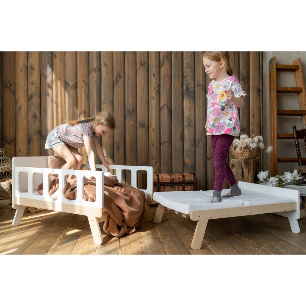 Cama infantil convertible con almacenaje - De bebé a junior en rosa | muebles Tinitto – Fabricación europea