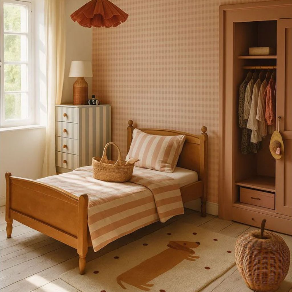 Papel pintado a cuadros rosa y crema: estampado clásico y suave en | muebles Tinitto – Fabricación europea