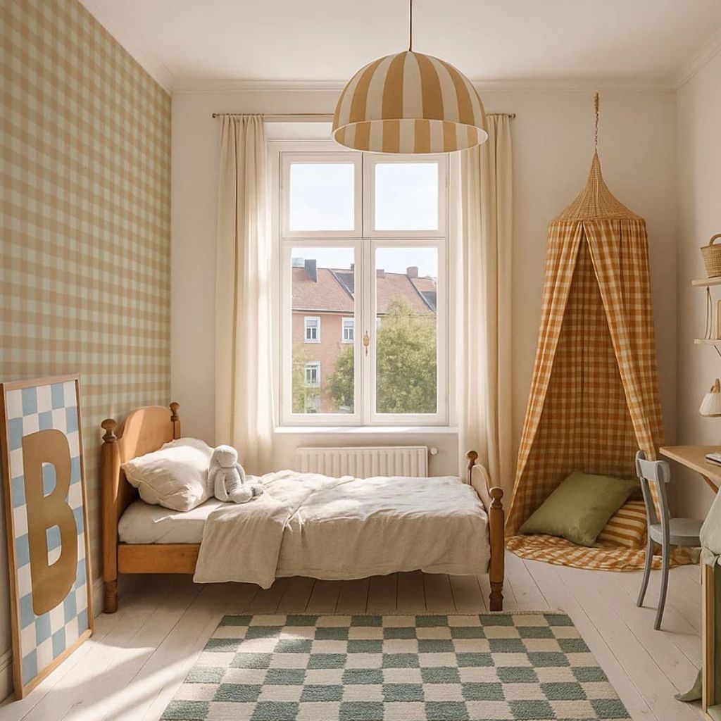 Papel pintado a cuadros verdes y marrones – Estilo inglés vintage | muebles Tinitto – Fabricación europea