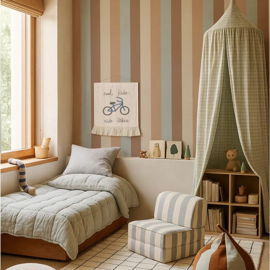 Papel pintado a rayas con efecto lino natural – Estilo chic escandinavo y bohemio en | muebles Tinitto – Fabricación europea