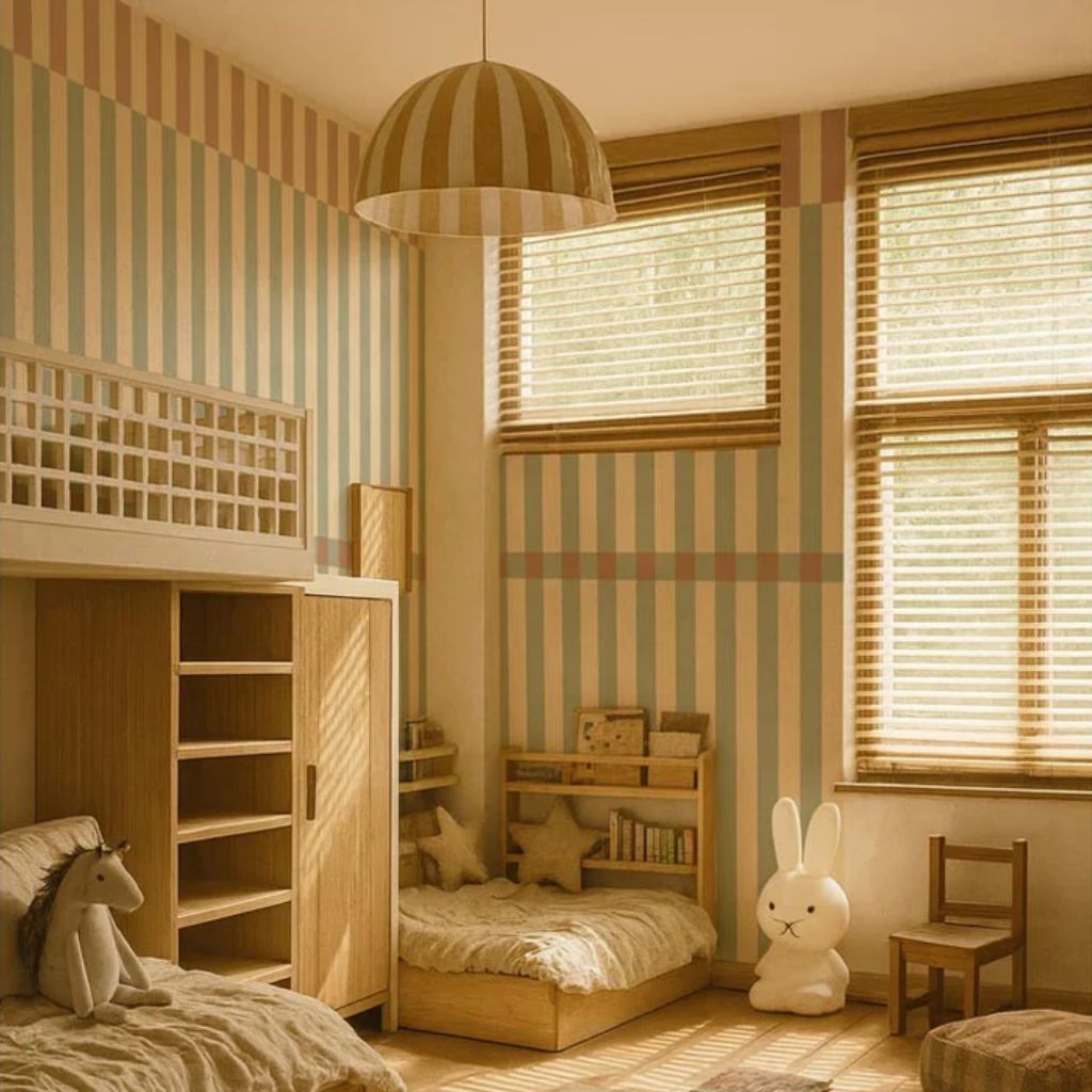 Papel pintado de rayas vintage verde: patrones de rayas finas, atmósfera retro | muebles Tinitto – Fabricación europea