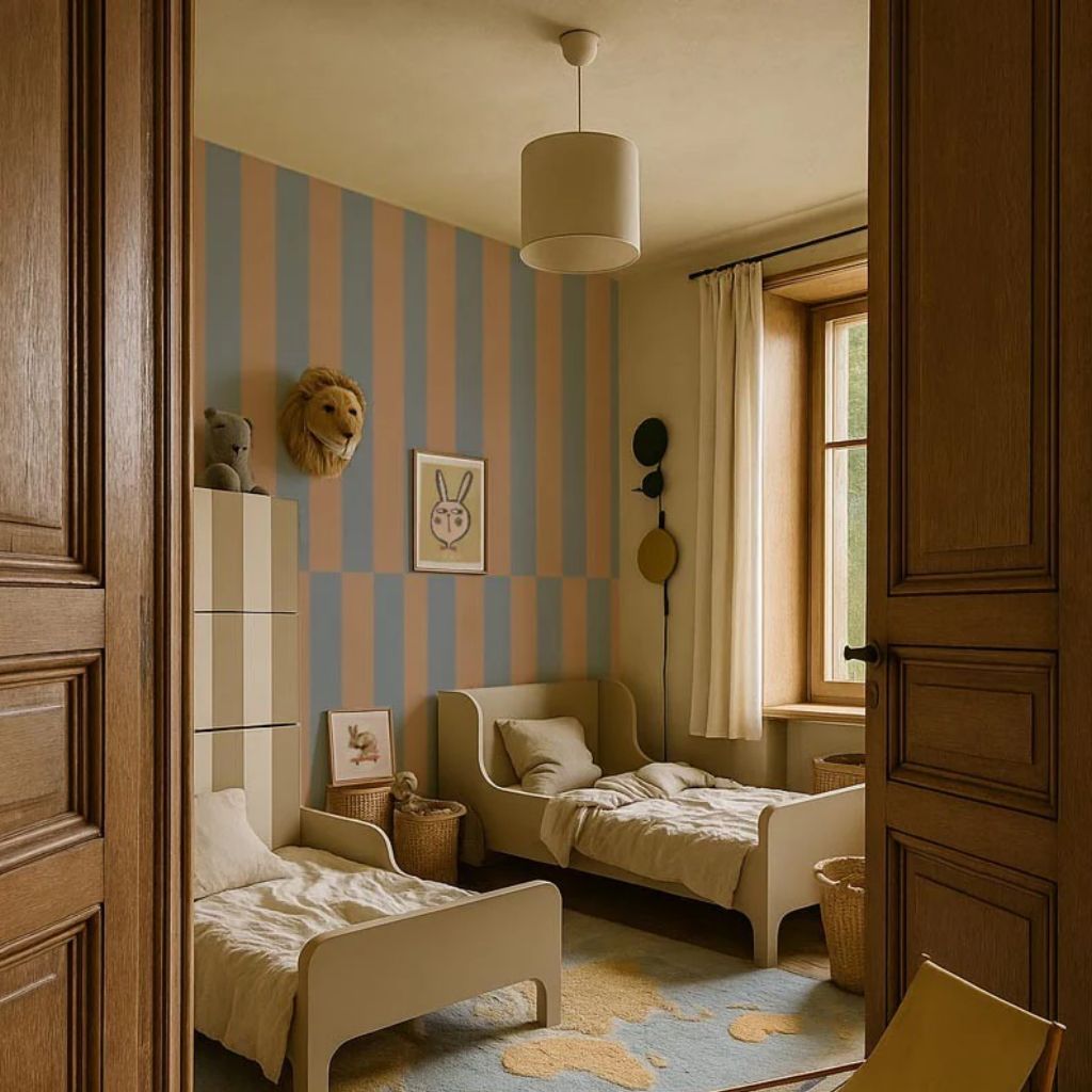 Papel pintado de rayas verticales azules y grises – Diseño moderno en | muebles Tinitto – Fabricación europea