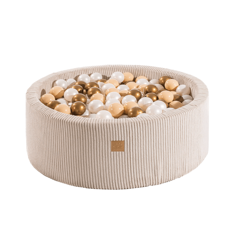 Piscina de bolas redondo com 200 bolas Castanho, Dourado & Branco Pérola - Veludo Cru em | Motricidade Tinitto – Fabricação europeia