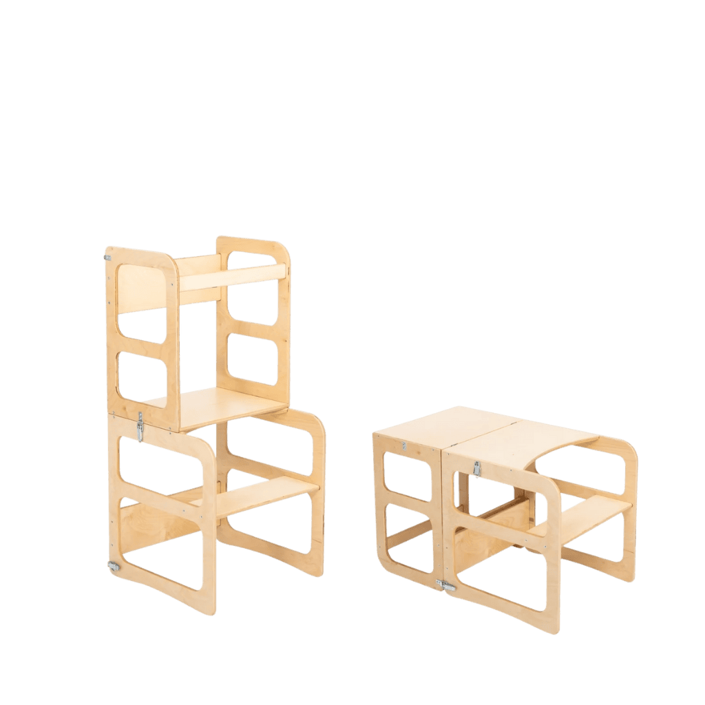 Torre de cocina 2 en 1 / Mesa y silla en Lacado | Motricidade Tinitto – Fabricación europea